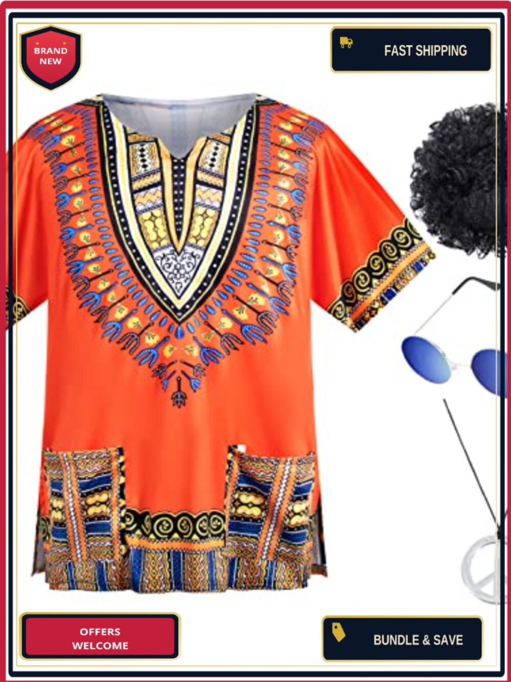 4 PCS Mens Hippie Costume Set 60s 70s T-Shirt Afro Wig Necklace Sunglasses